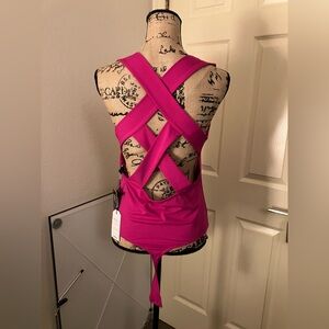 Express Fuchsia hot pink strappy back thong body contour bodysuit large 12 14